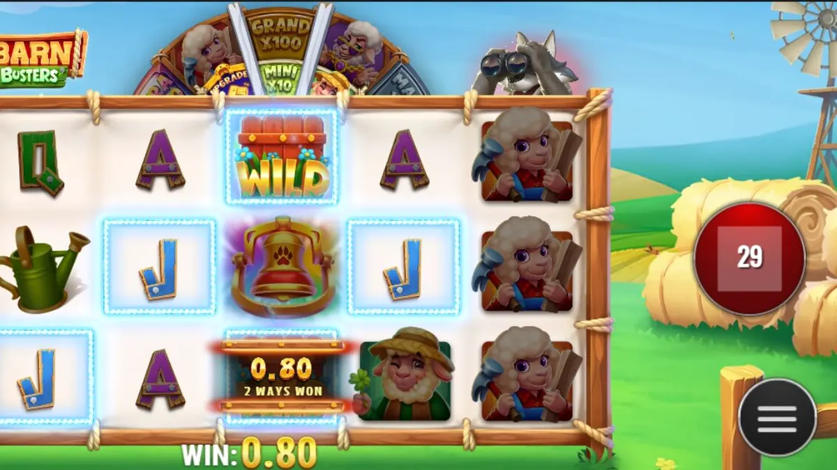 Tampilan visual slot Barn Busters dengan elemen roda keberuntungan dan tema peternakan.