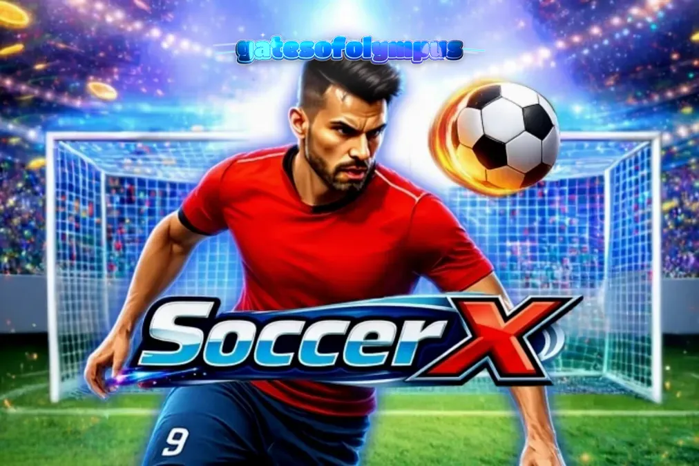Tampilan antarmuka permainan slot SoccerX dengan latar belakang stadion sepak bola.